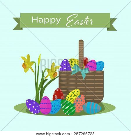 Simple Flat Happy Easter Illustration With Some Funny  Easter Eggs And Yellow Flowers Isolated On Gr