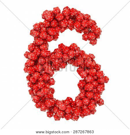 Number 6, From Red Twenty-sided Dice, 3d Rendering Isolated On White Background