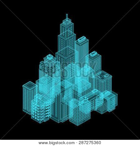 Vector Isometric Holography City. Vector Isometric City Building Icon Isolated On White Background. 