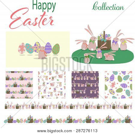 Set Of Four Easter Patterns, Two Borders, One Banner And One Illustration With Fun Rabbits And Easte