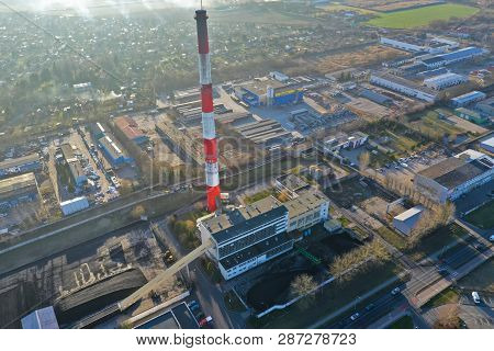 Koszalin, Poland - 01 March 2019 - Aerial View On Heating Center With Tall Brick Chimney Of Mec Comp