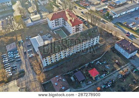 Koszalin, Poland - 01 March 2019 - Aerial View On Old Ruined Military Storage Building At Lechicka S