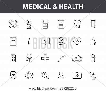 Set Of 24 Medical And Health Web Icons In Line Style. Medicine And Health Care, Rx, Infographic. Vec