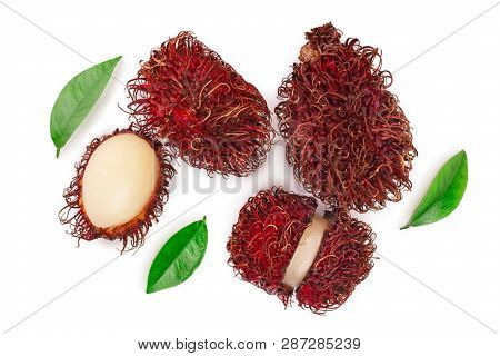 Rambutan With Leaves Isolated On White Background. Tropical Fruit. Nephelium Lappaceum. Top View. Fl