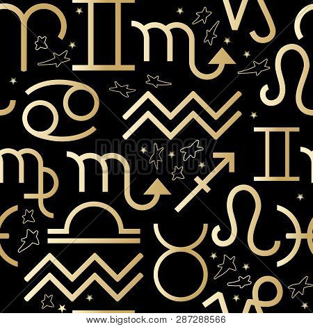 Seamless Pattern With Vector Golden Zodiac Signs On Black.