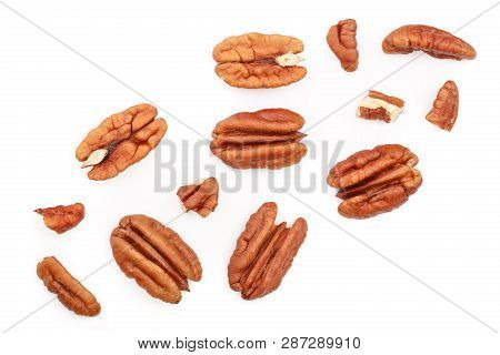 Pecan Nut Isolated On White Background. Top View. Flat Lay