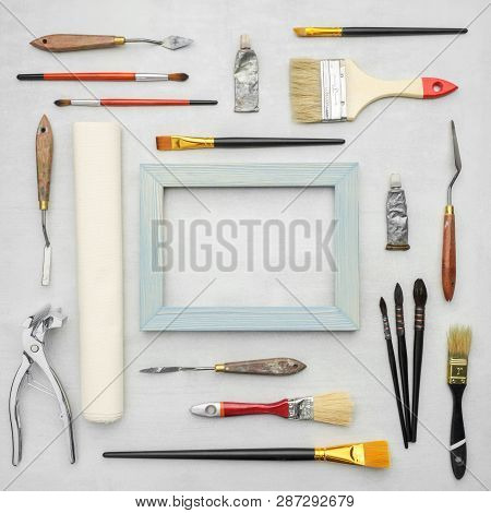 Paintbrushes, Tubes Of Paints, Palette Knifes, Artist Canvas In Roll, Wooden Frame, Canvas Stretcher