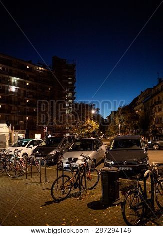 Strasbourg, France - Oct 13, 2018: Night View Of Hlm Buildings Habitation A Loyer Modere Esplanade D