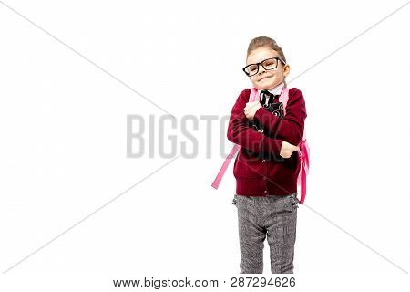 Back To School. Beautiful Little Girl Dressed Like A School Girl - In White Shirt, Red Blouse And Gr