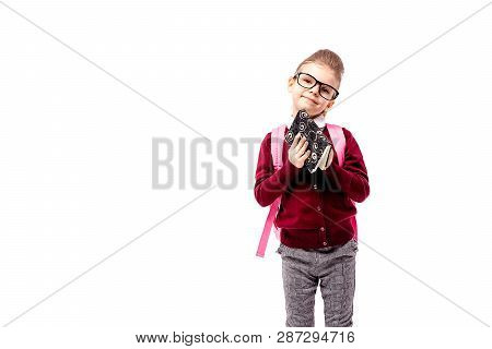 Back To School. Beautiful Little Girl Dressed Like A School Girl - In White Shirt, Red Blouse And Gr