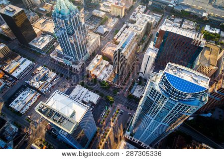 Straight Down Drone Angle Above Downtown Austin Texas Skyline Cityscape Modern Skyscrapers From Dron