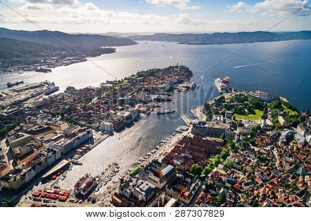 Bergen is a city and municipality in Hordaland on the west coast of Norway. Bergen is the second-largest city in Norway. The view from the height of bird flight. Aerial FPV drone flights.