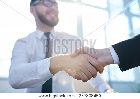 Handshake of young successful brokers or traders congratulating one another on new business deal