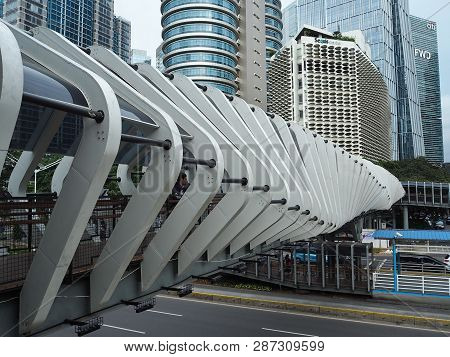 Jakarta, Indonesia - February 1, 2019: Futuristic Design Of Gelora Bung Karno Gbk Pedestrian Bridge 