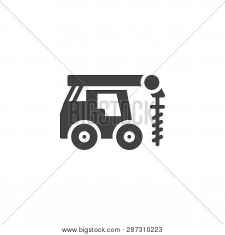 Driller Truck Vector Icon. Filled Flat Sign For Mobile Concept And Web Design. Truck With Drill Glyp