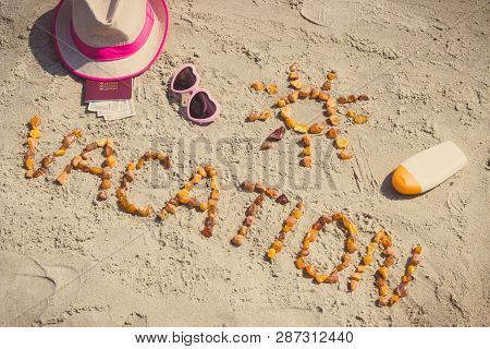 Vintage Photo, Inscription Vacation Made Of Amber Stones, Accessoriess For Sunbathing And Passport W