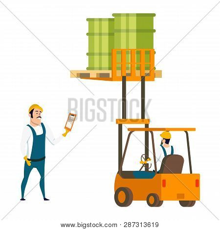 Male Worker Character, Engineer In Forklift Car. Storage Manager Lifting Green Barrel By Loader. Smi