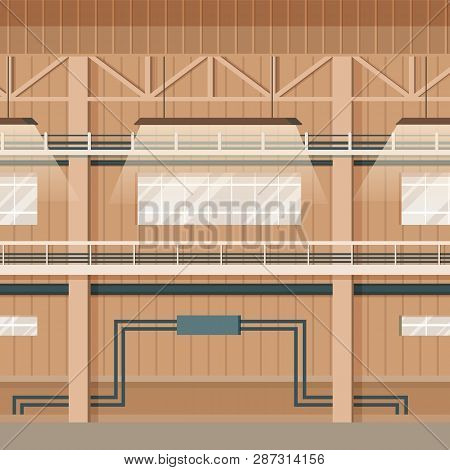 Industrial Factory Empty Warehouse Space Interior. Depot Indoor Design With Pipe On Wall, Big Window