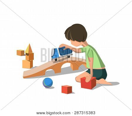 Vector Illustration Flat Little Boy In Green Tshirt Played In Typewriter Toy. Rides Bridge Next To R