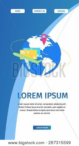 Airline Company, Travel Agency Mobile Application Flat Vector Web Banner. Airliner Flying Around Glo