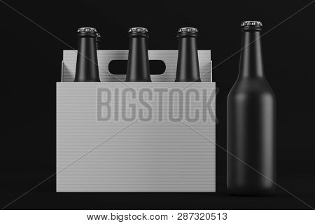 White Paper Box With Black Glass Frosted Bottles. Black Beverage Bottle On The Side. Mock Up. 3d Ren