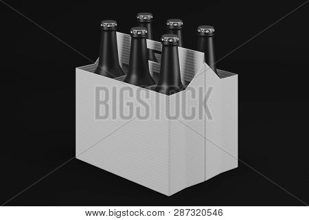 White Cardboard Box With Six Frosted Glass Bottles. Side View. Mock Up. 3d Rendering