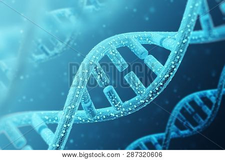 Three Diagonal Dna Chains With Digital Code On A Blue Background. Concept Of Medical Future. 3d Rend