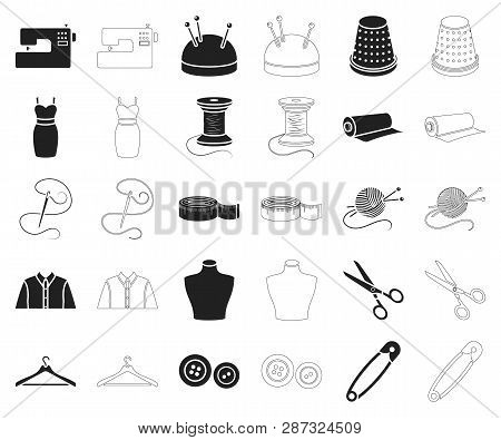 Atelier And Sewing Black, Outline Icons In Set Collection For Design. Equipment And Tools For Sewing