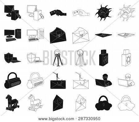 Hacker And Hacking Black, Outline Icons In Set Collection For Design. Hacker And Equipment Vector Sy