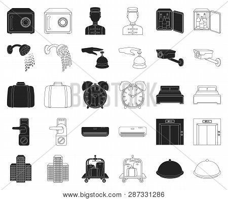 Hotel And Equipment Black, Outline Icons In Set Collection For Design. Hotel And Comfort Vector Symb