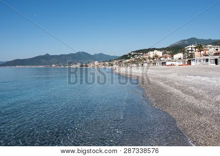 Pietra Ligure, Famous Little City In Liguria, Italy, Seen From The Beach, Seascape Of Pietra Ligure,