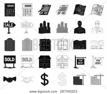 Realtor, Agency Black, Outline Icons In Set Collection For Design. Buying And Selling Real Estate Ve