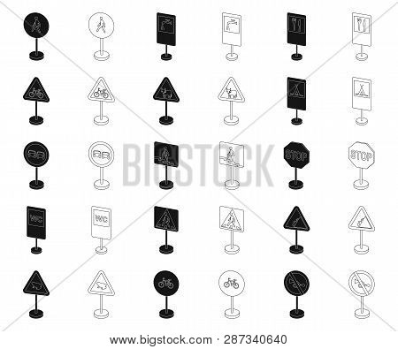 Different Types Of Road Signs Black, Outline Icons In Set Collection For Design. Warning And Prohibi