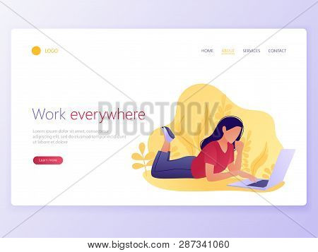 Landing Web Page Template Of Woman Working On A Laptop. Work Anywhere, Everywhere, Freelance, Social