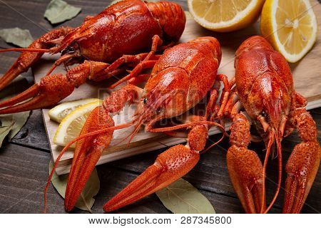 Crayfish. Red Boiled Crawfishes On Table In Rustic Style, Closeup. Lobster Closeup.