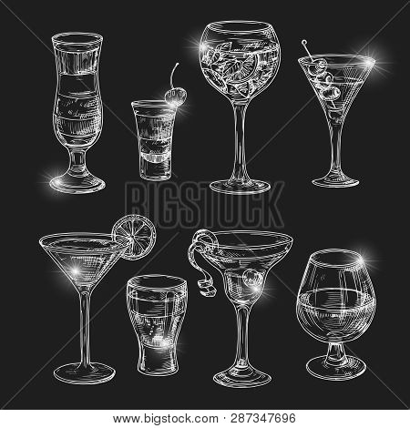Hand Dranw Alcoholic Cocktail With Lights Vector Illustration. Alcohol Cocktail Glass, Bar Drink, Be