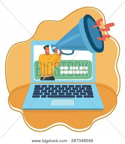 Vector Cartoon Illustration Of Business Advertising Promotion. Man With Loudspeaker Talking To Crowd
