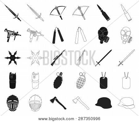 Types Of Weapons Black, Outline Icons In Set Collection For Design.firearms And Bladed Weapons Vecto