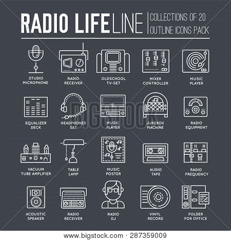 Radio Life Day Thin Line Collection Icon Set. Old School Tv Equpment And Workspace In Office With Dj