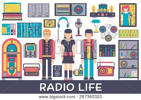 Radio Life Day Collection Icon Set. Old School Tv Equpment And Workspace In Office With Dj Presenter