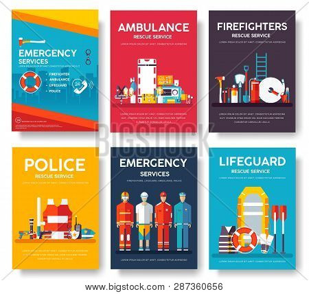 Firefighter, Rafting, Police, Medicine Rescue Cards Template Set. Flat Design Icon Of Flyear, Magazi