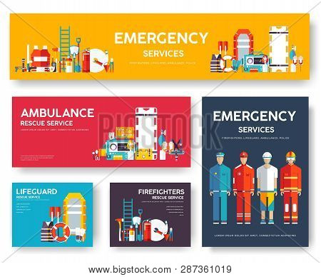 Firefighter, Rafting, Police, Medicine Rescue Cards Template Set. Flat Design Icon Of Flyear, Magazi