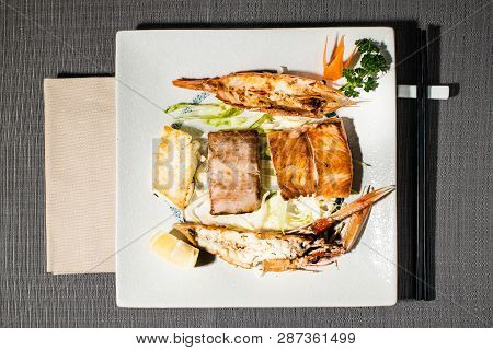 Mixed Grilled Fish And Fresh Salad, Slice Of Tuna, Salmon, Amberjack And Prawn Grilled