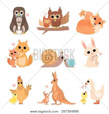 Cute Animal Families Set, Penguin, Owl, Squirrel, Fox, Snail, Rabbit, Hen, Kangaroo, Goose Vector Il