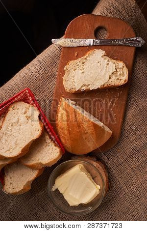 Breads And Butter Concept Of Teasty Home Food Close Up On Table
