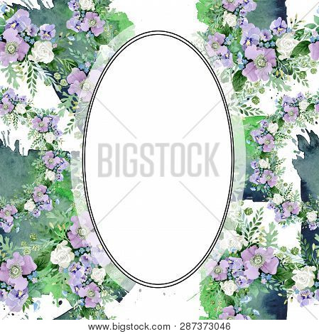 Violet Bouquet Floral Botanical Flowers. Watercolor Background Illustration Set. Frame Border Orname