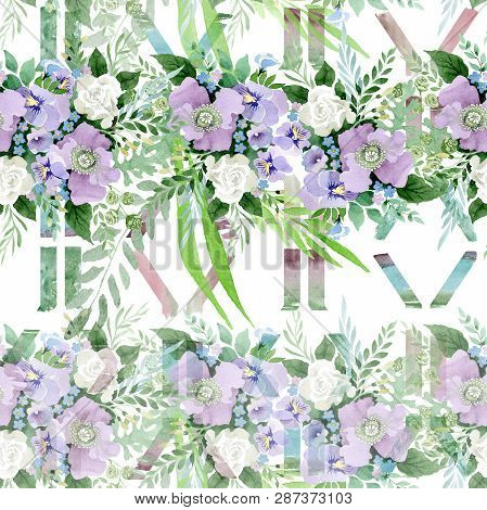 Violet Bouquet Floral Botanical Flowers. Watercolor Background Illustration Set. Seamless Background