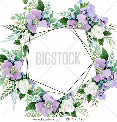 Violet Bouquet Floral Botanical Flowers. Watercolor Background Illustration Set. Frame Border Crysta