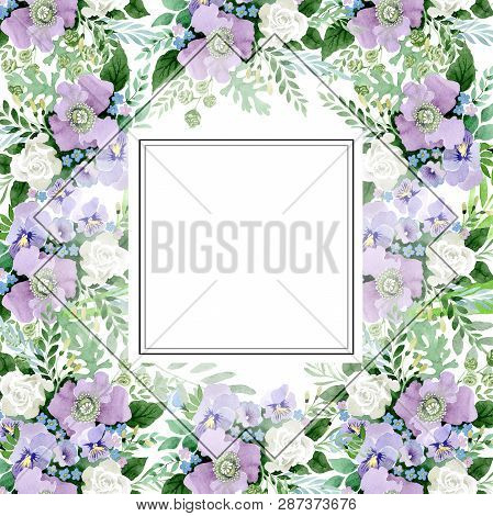 Violet Bouquet Floral Botanical Flowers. Watercolor Background Illustration Set. Frame Border Orname