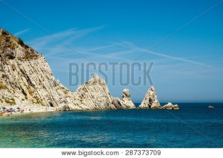 Mediterranean Seascape Of Le Due Sorelle, Famous Beach Of Conero, Marche Italy